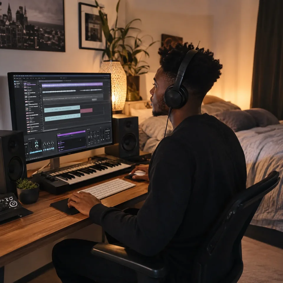 A person in his bedroom creating music
